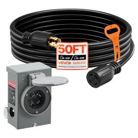 30 Amp Generator Cord and Power Inlet Box, 50 FT, 125/250V NEMA L14-30P to L14-30R Heavy Duty Extension Power Cord, SJTW 10 Gauge 7500W