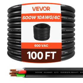 100 FT 10AWG Portable Power Cable (4 Conductor), Heavy Duty 600V SOOW Electrical Power Cable, Industrial Grade Electric Wire